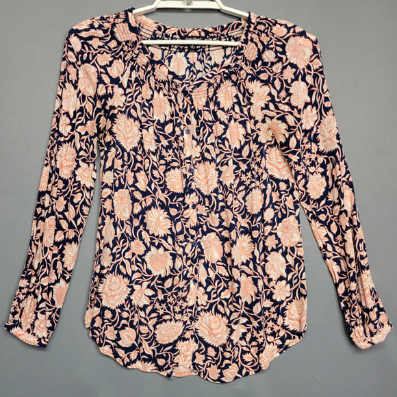 Lucky Brand Shirt Womens Small Blue Peach Floral Boho Long Sleeve Button Top - Picture 1 of 10
